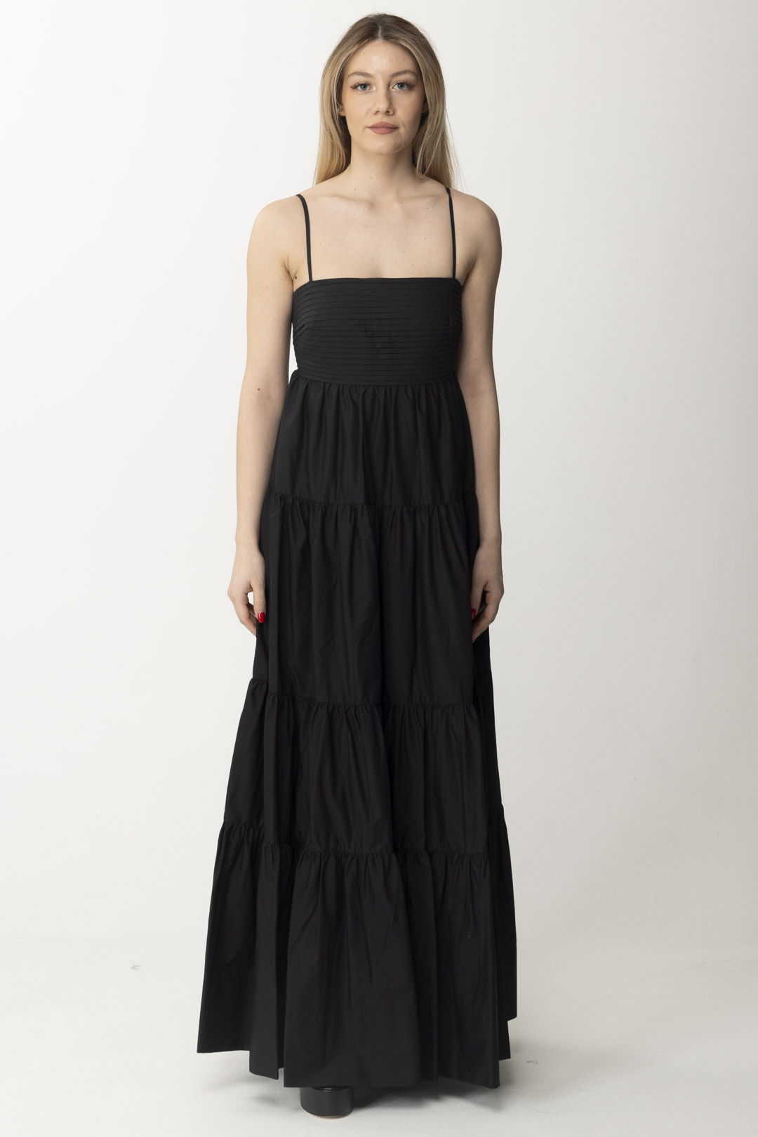 Preview: Twin-Set Long poplin dress with pleats and flounces Nero
