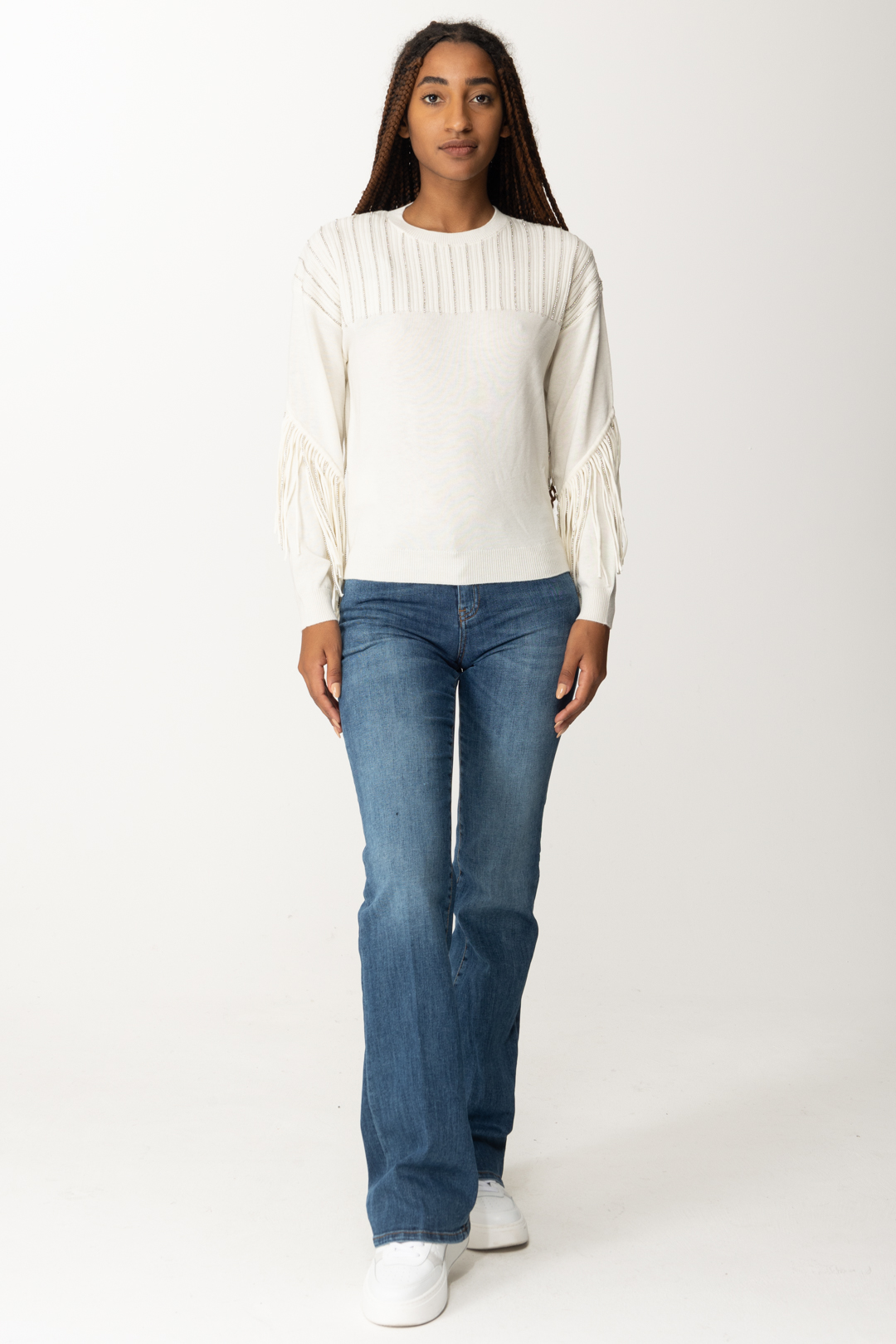Preview: Pinko Pullover with Fringes and Rhinestones BIANCO LATTE