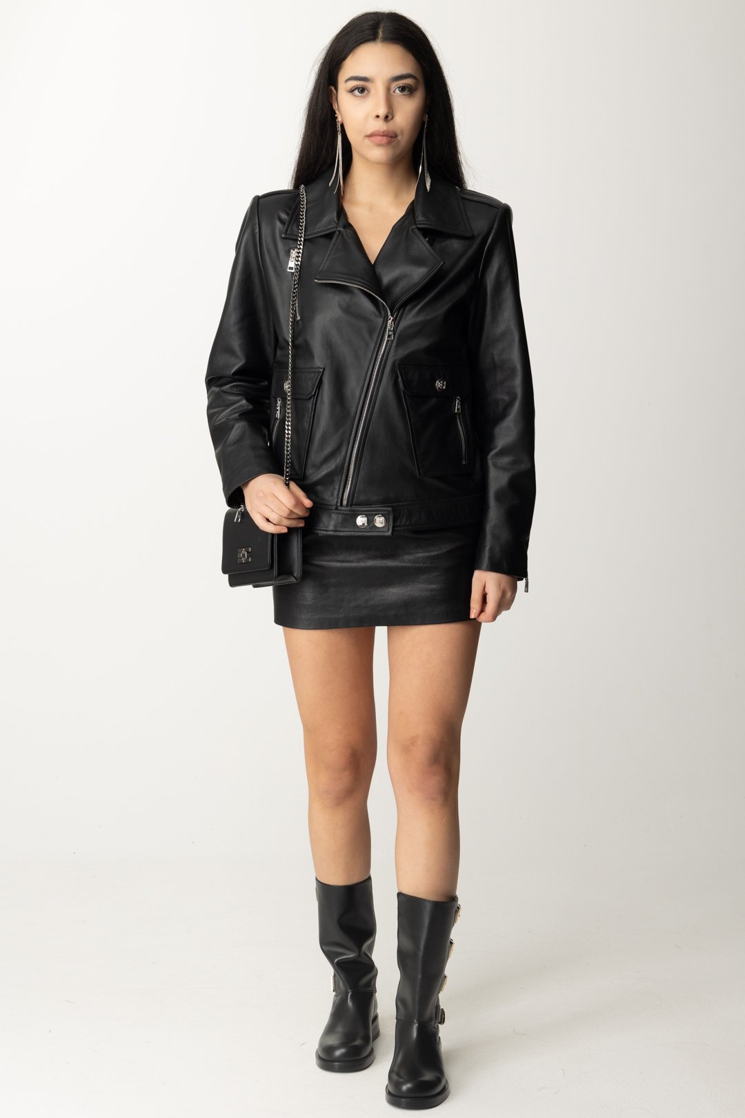 Preview: Elisabetta Franchi Leather jacket with asymmetric zip Nero