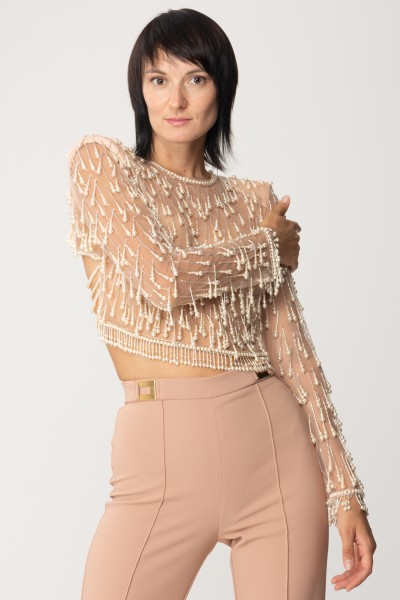 Elisabetta Franchi  Tulle top with pearls embroidery TO01237E2 NUDO