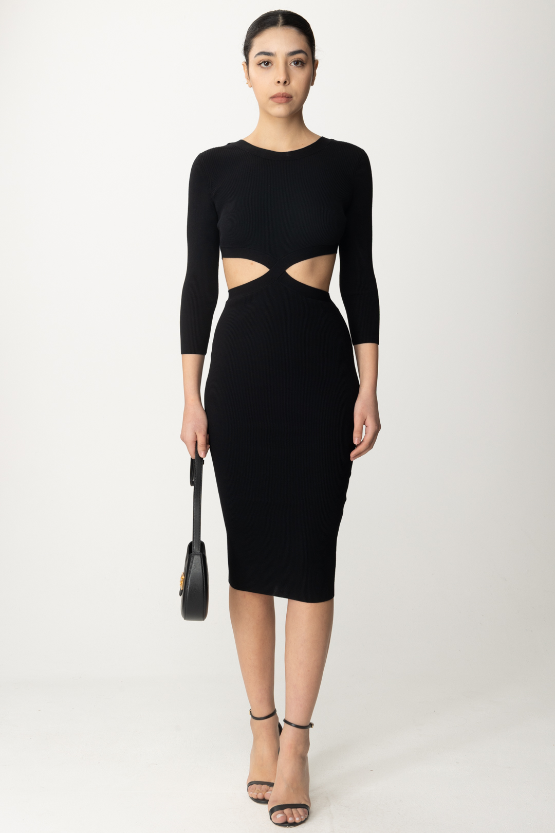 Preview: Elisabetta Franchi Ribbed midi dress with cut-out Nero
